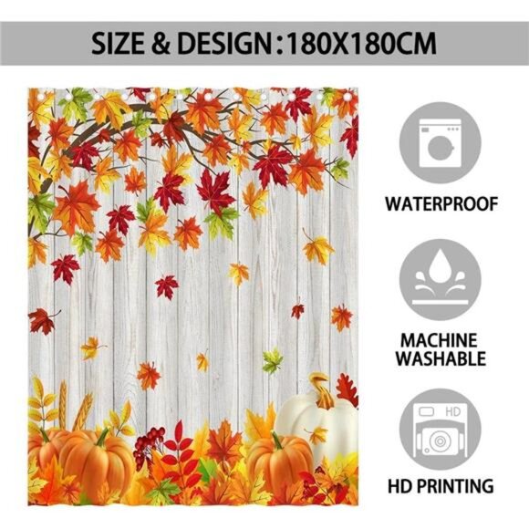 Fall Shower Curtain,Thanksgiving Pumpkin & Maple Leaves, Rustic Farmhouse 72x72" - Picture 2 of 6